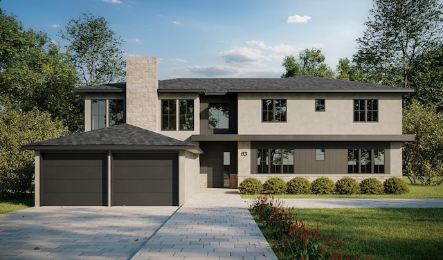view of front of property featuring decorative driveway, a front lawn, stucco siding, and a chimney