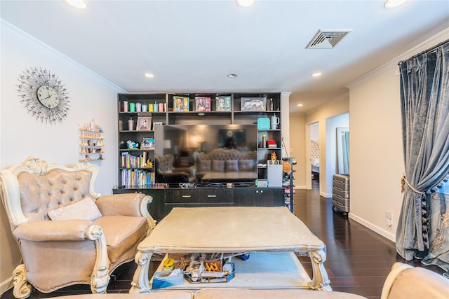 interior space featuring visible vents, crown molding, baseboards, dark wood-style floors, and recessed lighting