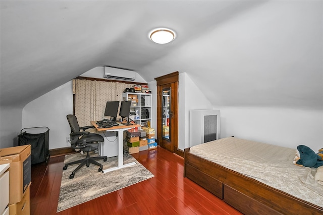 87-71 111th St, Richmond Hill, NY 11418 - bedroom with lofted ceiling, dark wood-type flooring, and a wall mounted air conditioner