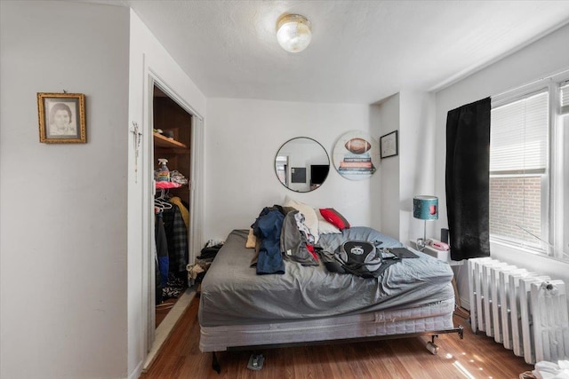 bedroom with radiator and wood finished floors