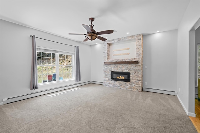 unfurnished living room featuring a baseboard radiator, a fireplace, a ceiling fan, and recessed lighting