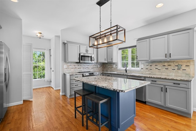 kitchen featuring gray cabinetry, tasteful backsplash, stainless steel appliances, and a sink