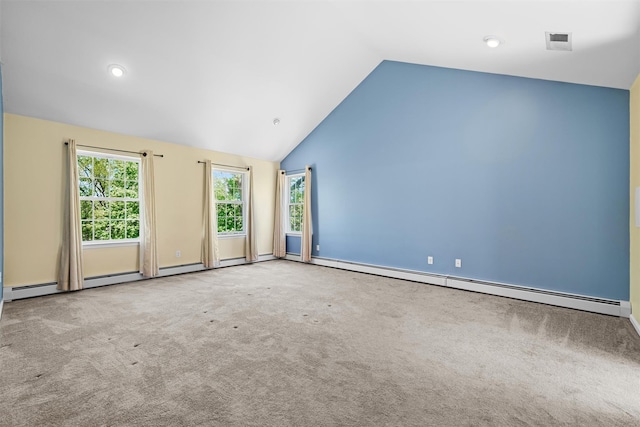 carpeted spare room with high vaulted ceiling, recessed lighting, baseboards, a baseboard radiator, and visible vents