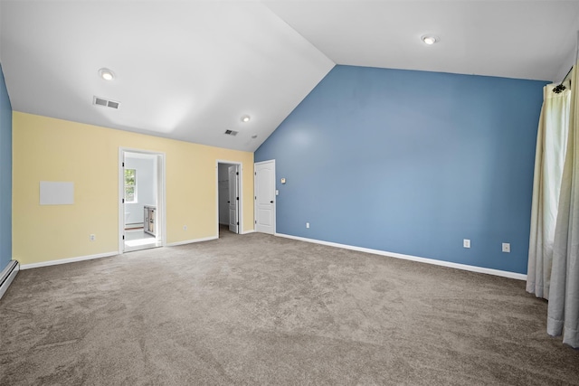 unfurnished bedroom with baseboards, carpet, and lofted ceiling
