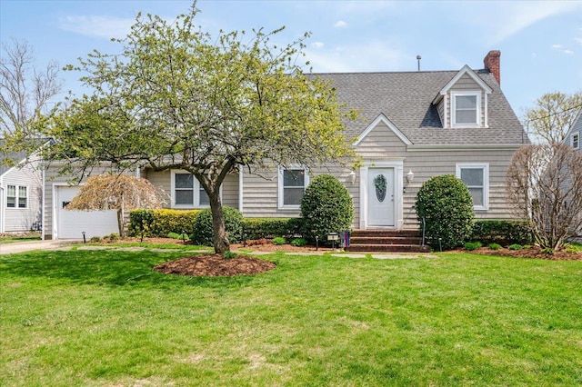 new england style home featuring a garage, a front lawn, driveway, and a chimney