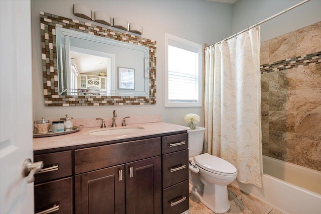 full bath with toilet, shower / bathtub combination with curtain, and vanity