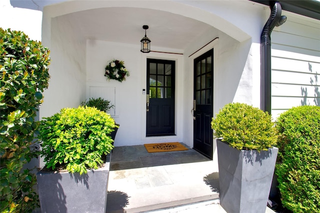 doorway to property featuring stucco siding
