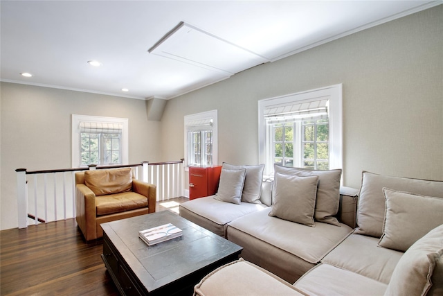 living room featuring wood finished floors, crown molding, and recessed lighting