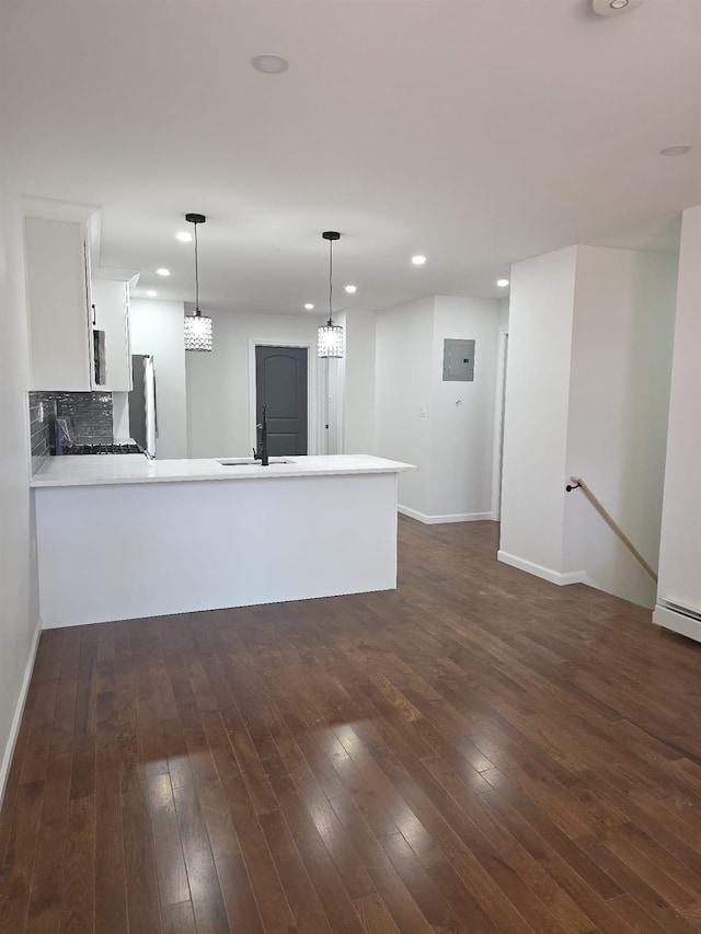 217 E 86th St, Brooklyn, NY 11236 - unfurnished living room with baseboards, recessed lighting, dark wood-type flooring, a sink, and electric panel