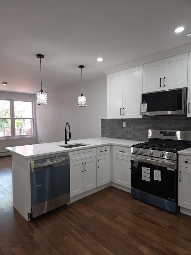 217 E 86th St, Brooklyn, NY 11236 - kitchen with stainless steel appliances, a sink, a peninsula, dark wood-style flooring, and light countertops