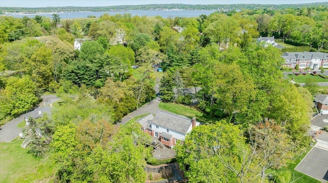drone / aerial view with a water view and a wooded view