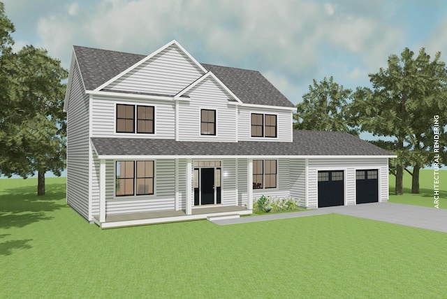 view of front of house featuring a garage, a front lawn, roof with shingles, and concrete driveway
