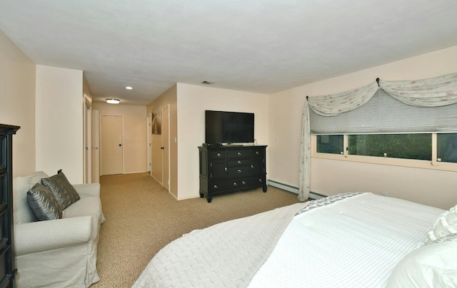bedroom featuring visible vents, recessed lighting, a baseboard radiator, carpet floors, and baseboards