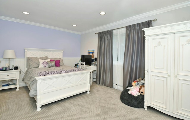 bedroom featuring light colored carpet, wainscoting, ornamental molding, and recessed lighting