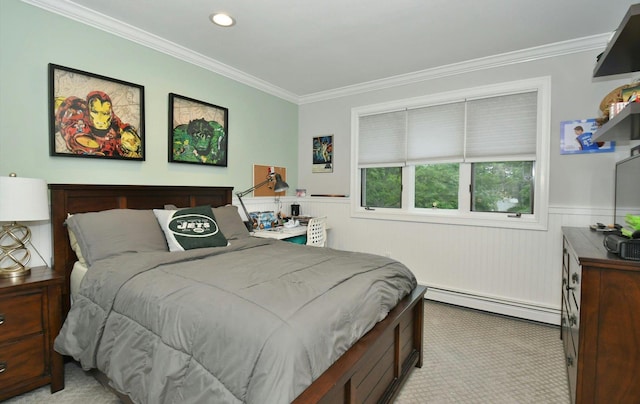 bedroom featuring a wainscoted wall, light carpet, a baseboard radiator, and ornamental molding