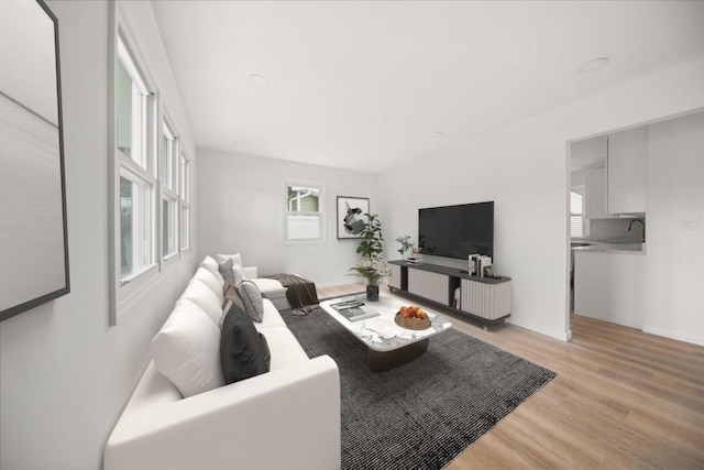 living area featuring light wood finished floors, healthy amount of natural light, and baseboards