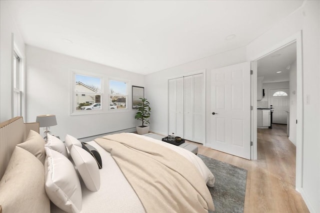 bedroom with light wood-type flooring, multiple windows, and a closet