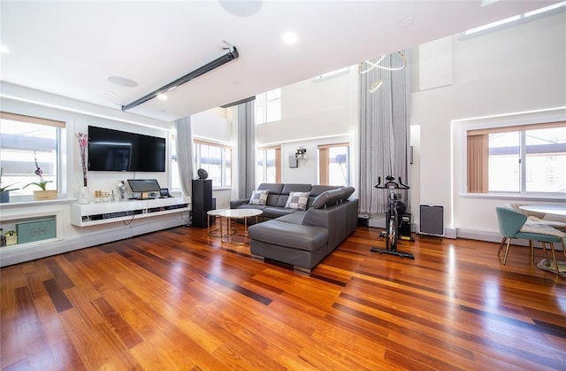 living area featuring a high ceiling and wood finished floors