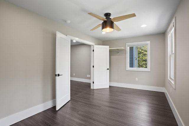 unfurnished room featuring baseboards, recessed lighting, dark wood-style flooring, and ceiling fan
