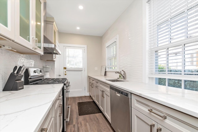 kitchen with plenty of natural light, a sink, wall chimney range hood, and stainless steel appliances