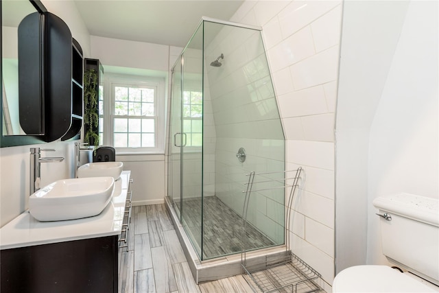 bathroom with vanity, toilet, and a shower stall