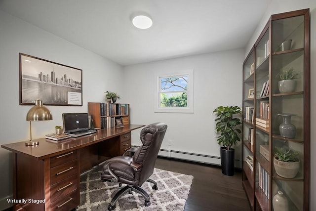 home office featuring baseboard heating and dark wood-style floors