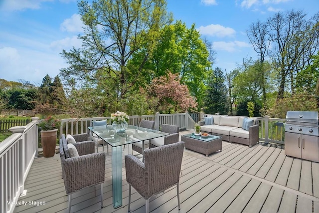 wooden deck featuring outdoor dining area, outdoor lounge area, and grilling area