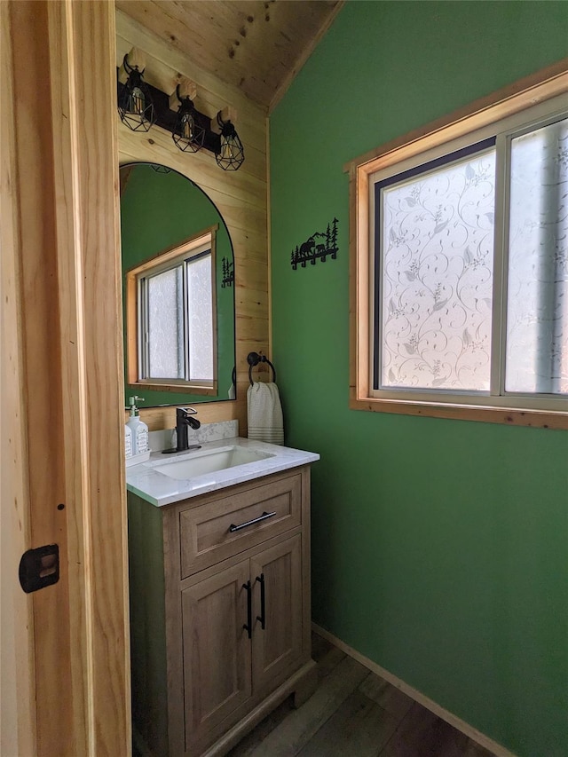 25 E Reindeer Trl, Bethel, NY 12778 - bathroom with vanity, wood walls, wood finished floors, baseboards, and wood ceiling