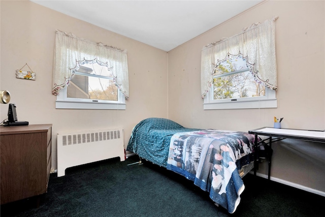 carpeted bedroom with radiator heating unit and multiple windows