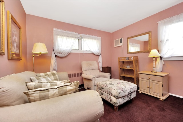 sitting room featuring dark carpet and radiator