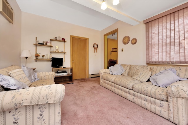 living room with visible vents, carpet, and baseboard heating