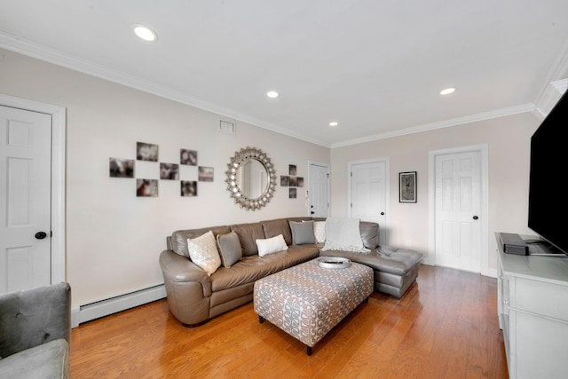 living room with ornamental molding, visible vents, recessed lighting, a baseboard radiator, and light wood finished floors