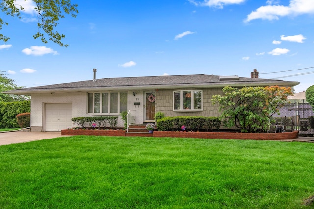 15 Kevin Rd, Commack, NY 11725 - single story home featuring concrete driveway, a garage, a chimney, a shingled roof, and brick siding