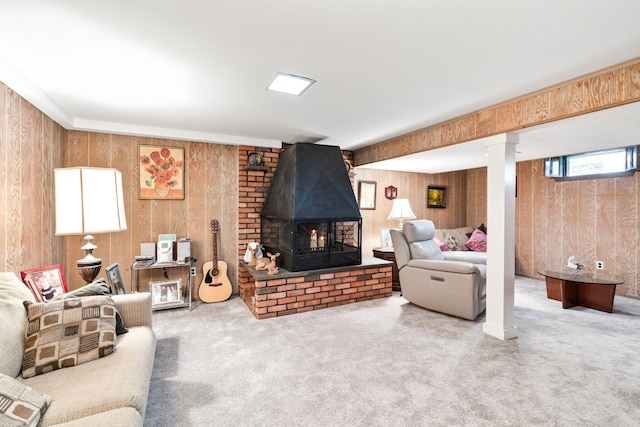 15 Kevin Rd, Commack, NY 11725 - carpeted living area featuring wooden walls and a fireplace