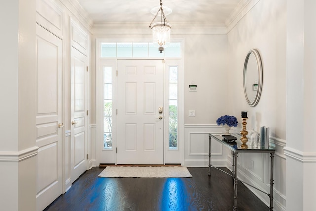 entrance foyer featuring wainscoting, dark wood-style floors, and a healthy amount of sunlight