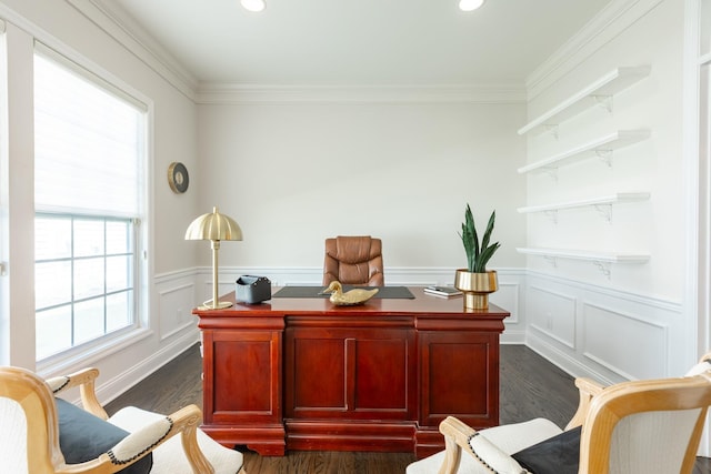 office area featuring wainscoting, dark wood finished floors, and ornamental molding