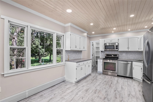 16 Nelson Ln, Garrison, NY 10524 - kitchen with ornamental molding, recessed lighting, white cabinetry, wooden ceiling, and appliances with stainless steel finishes