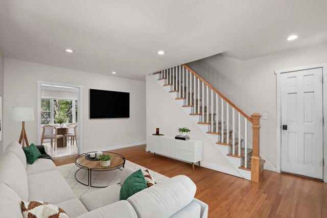16 Nelson Ln, Garrison, NY 10524 - living area featuring recessed lighting, baseboards, wood finished floors, and stairway