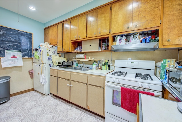 kitchen with open shelves, white appliances, light countertops, ventilation hood, and a sink