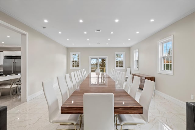 93 Wood Ave, Monticello, NY 12701 - dining area featuring recessed lighting, baseboards, visible vents, and marble finish floor
