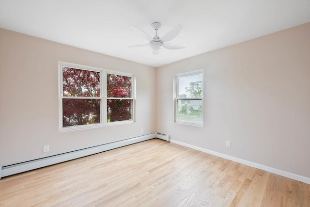 105 Phyllis Dr, Lindenhurst, NY 11757 - spare room featuring baseboard heating, wood finished floors, baseboards, and a ceiling fan