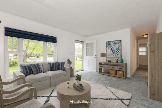900 Cedar Dr, Southold, NY 11971 - carpeted living room with healthy amount of natural light and baseboards