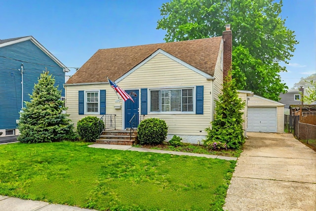 bungalow-style house with a chimney, an outdoor structure, a shingled roof, and a detached garage