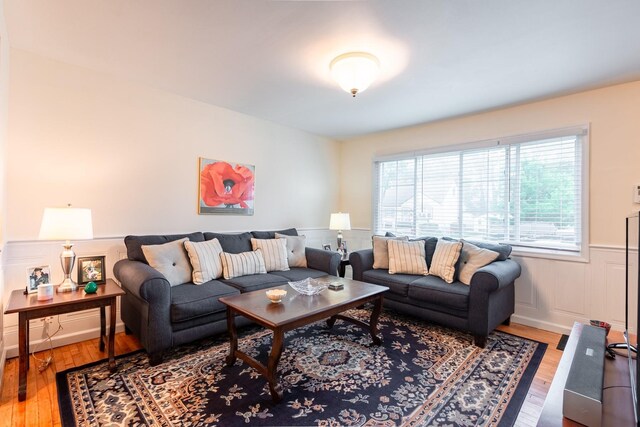 living room with wood finished floors, a wainscoted wall, and a decorative wall