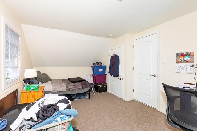 carpeted bedroom with vaulted ceiling