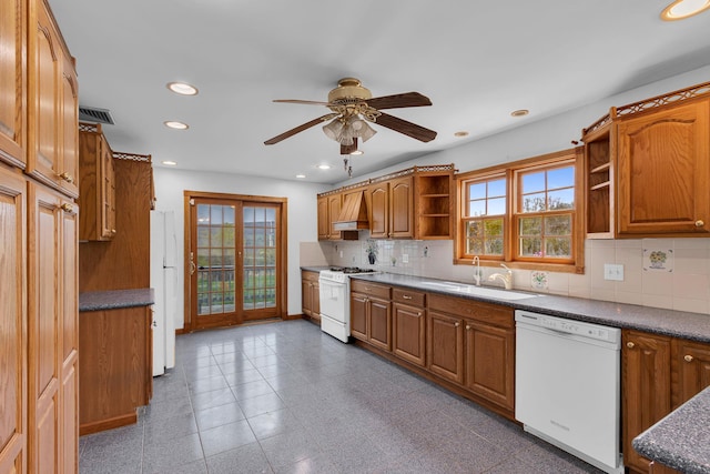 kitchen featuring open shelves, ceiling fan, a sink, white appliances, and recessed lighting