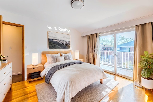 bedroom with baseboards, access to exterior, and light wood finished floors