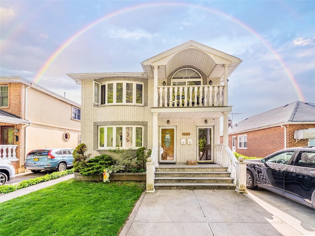 view of front of home with brick siding, a balcony, and a front yard