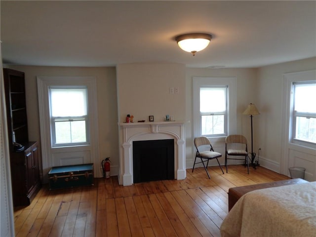 bedroom featuring wood-type flooring and a fireplace