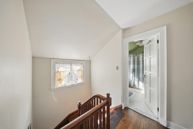 interior space featuring baseboards, vaulted ceiling, and dark wood-style flooring